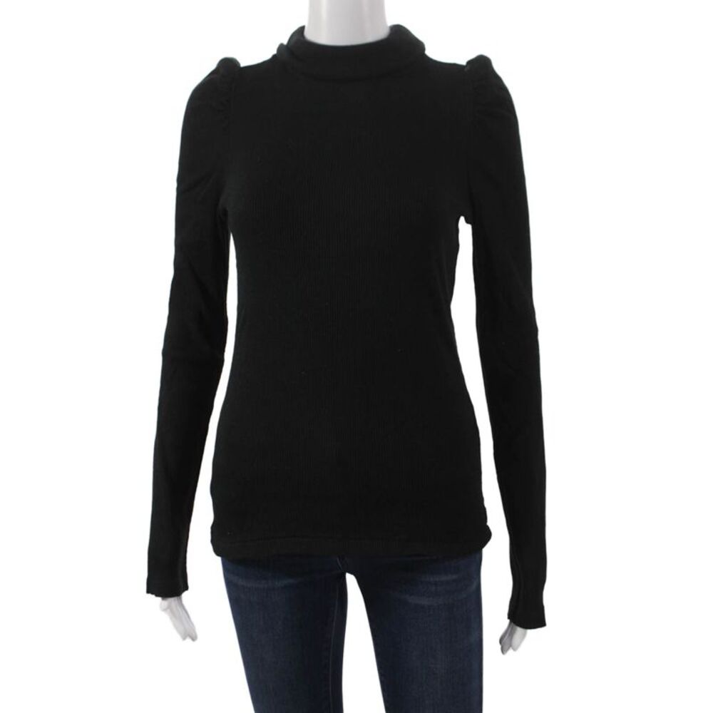 Amo Women Basic T-Shirt Black Cotton Mock Neck Long Sleeve Pullover Size M